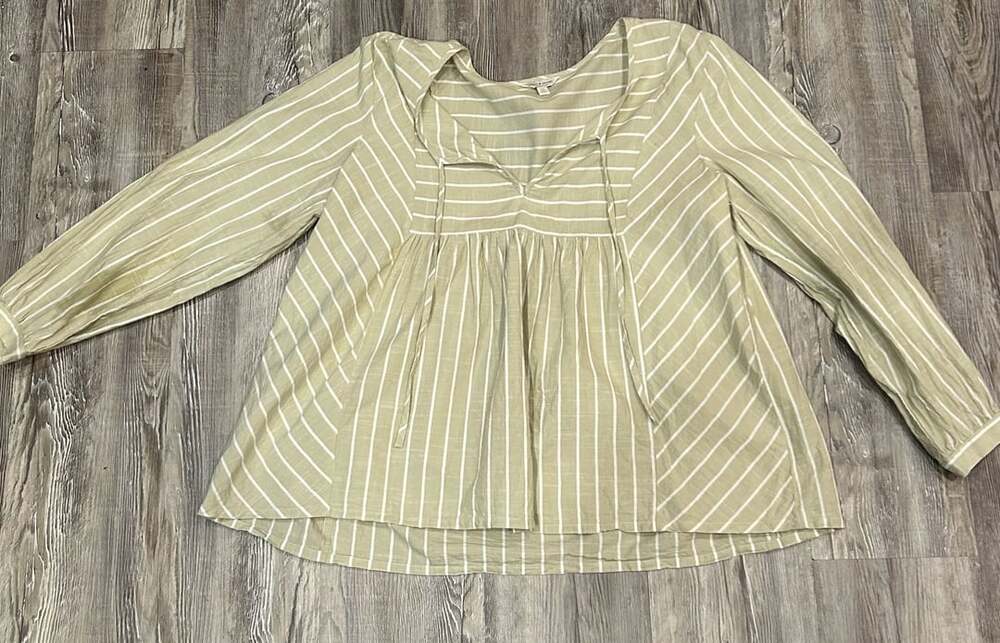 Lucky Brand Sage Green and White Striped Long Sleeve Boho Babydoll Blouse